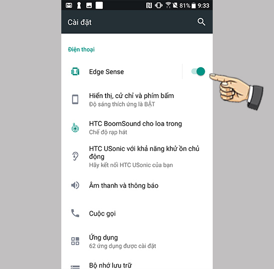 Vào cài đặt Edge Sense
